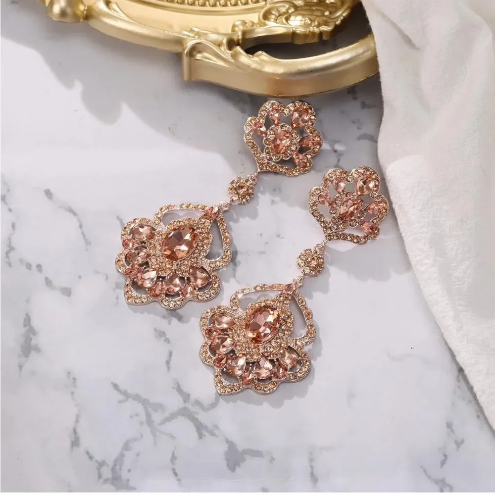 Rose Gold with Peach Morganite Austrian Crystal Teardrop Chandelier Earrings